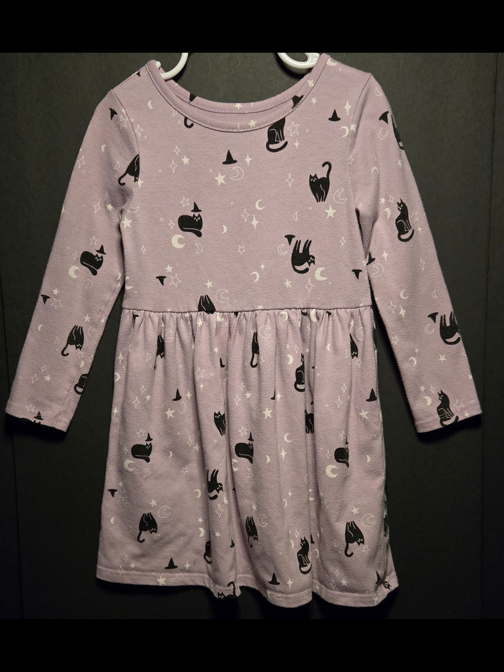 Cat & Jack Lavender Long Sleeve Dress with Black Cat Print